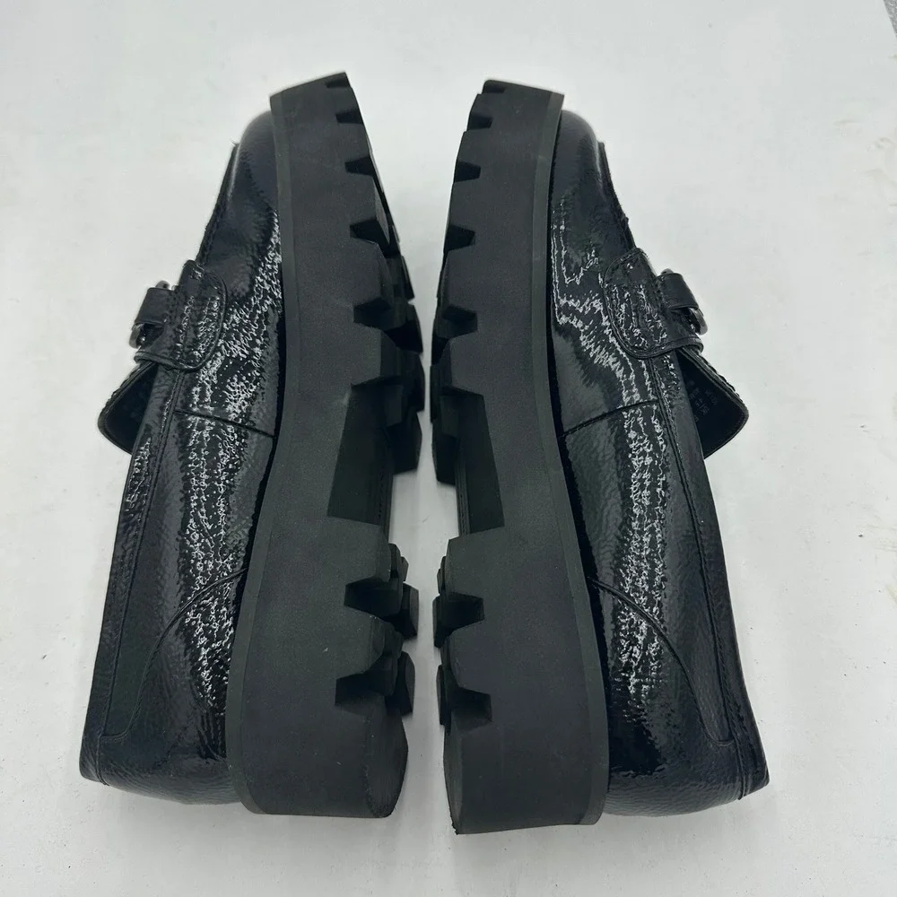 Franco Sarto Womens Y2K Chunky Heel Black Crinkle Patent Lug Sole Bit Loafers 7M